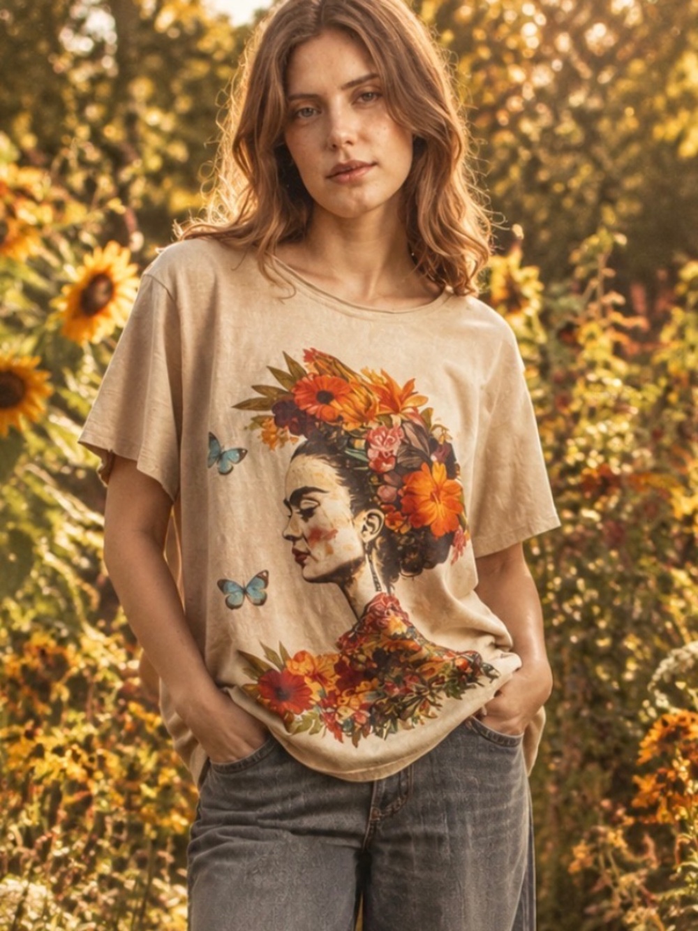 Bluevelvet Round Neck Frida Floral Butterfly Print Pockets Short Sleeve Top
